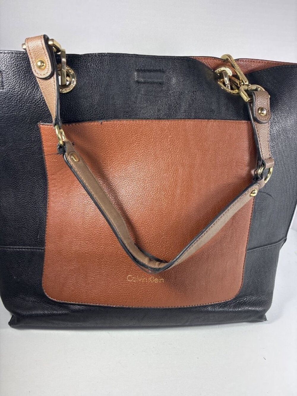 Calvin Klein Large Leather Tote Bag Black Brown Colorblock Shoulder Bag 17” - Picture 7 of 13